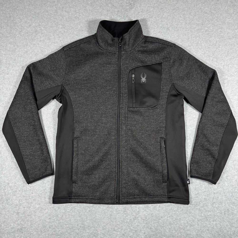 Spyder Men's Full Zip Jacket Large Gray Black Fleece Jacket Chest Pocket